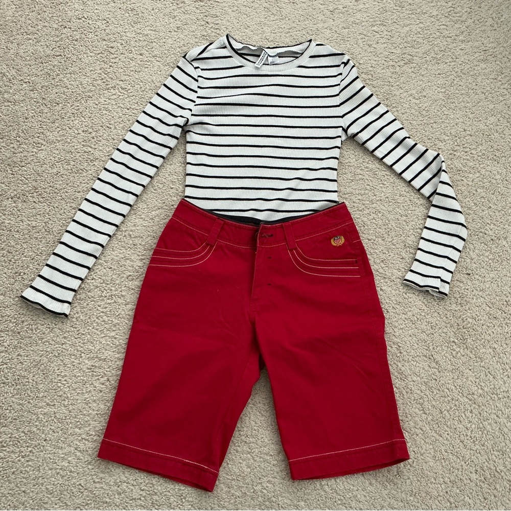 Striped Long Sleeve Top and Red Shorts Set